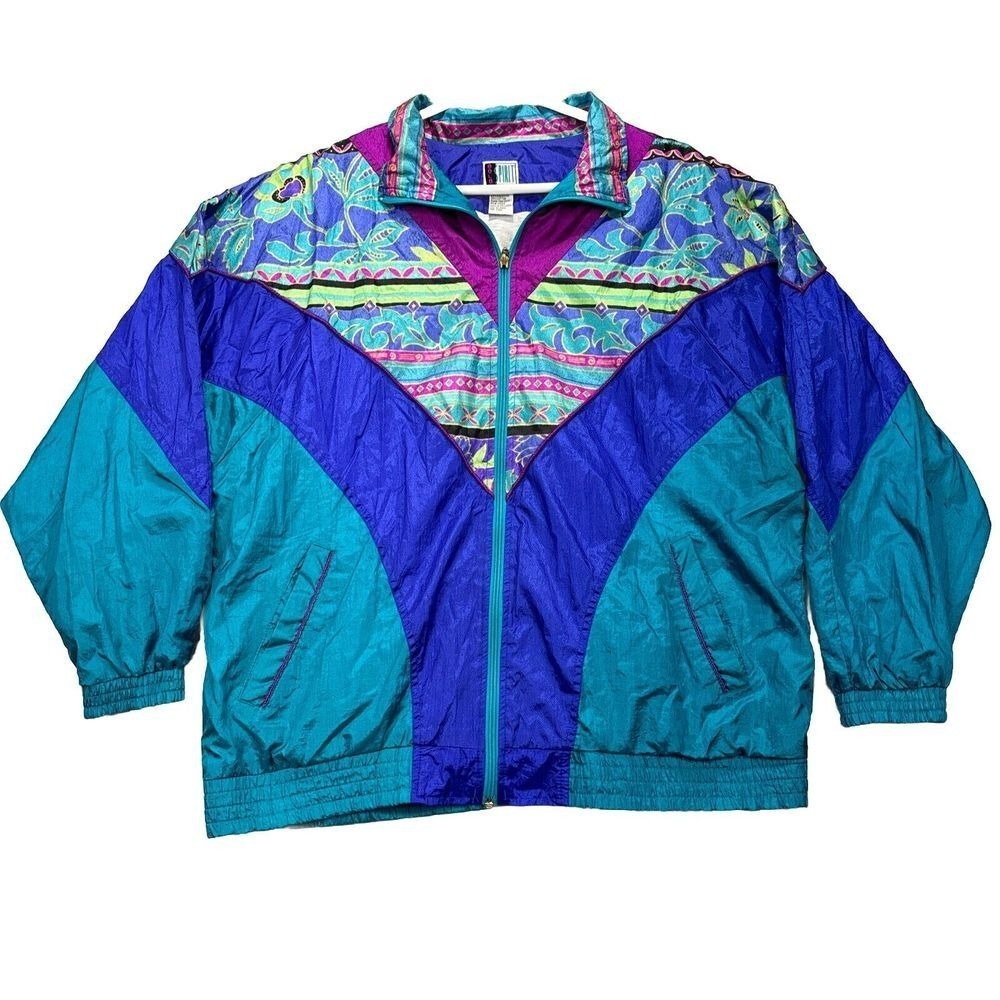 VTG Bolo Spirit Windbreaker Jacket Womens L‎ Retro Colorful Full Zip Floral 80's